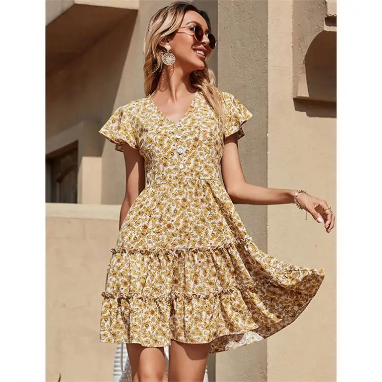 

FORLADIES Cascading Ruffle Button Dresses Women Summer Casual Dresses 2021 Female Clothing