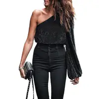 

Fashionable Metallic Sequins Black Loose Women One Shoulder Blouse Top