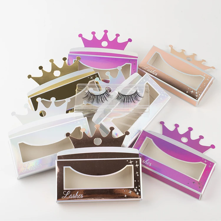 

Private Label lash and box holographic luxury lash case queen crown paper box eyelash packaging, Natural black color