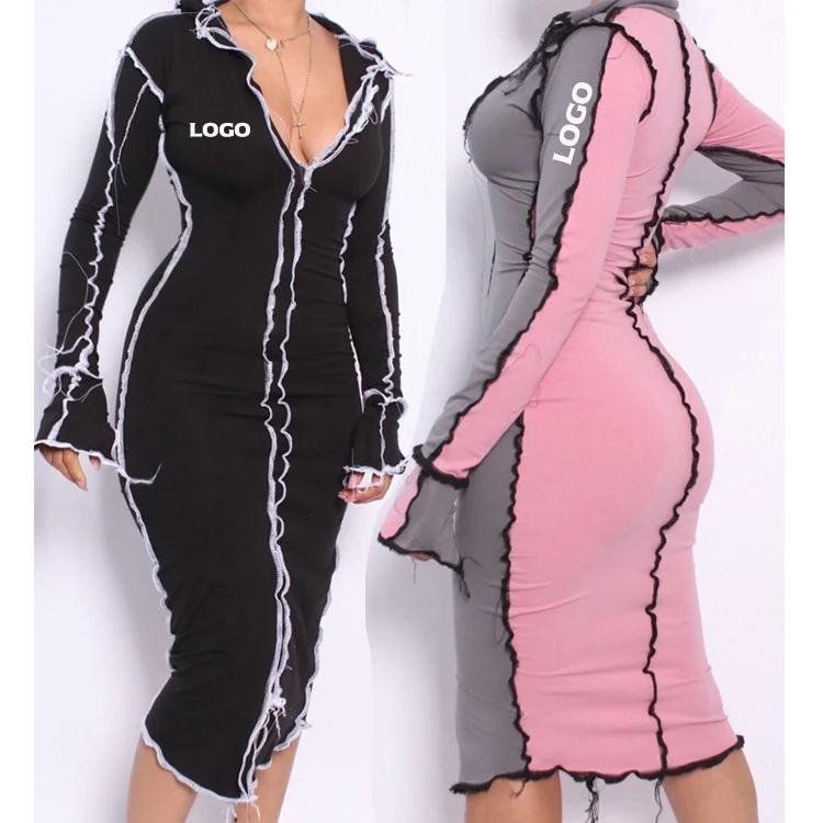 

Free Shipping Fall Latest Design Fashion Contrast Long Sleeve V Neck Clothes Sexy Women Dresses