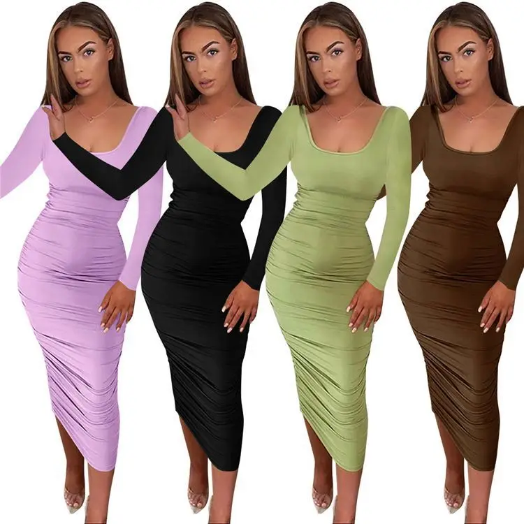 

Ckfashion Best Seller 2021 Fashionable Long Sleeve Solid Color Bodycon Dress Women Casual Stylish Sexy Maxi Dress