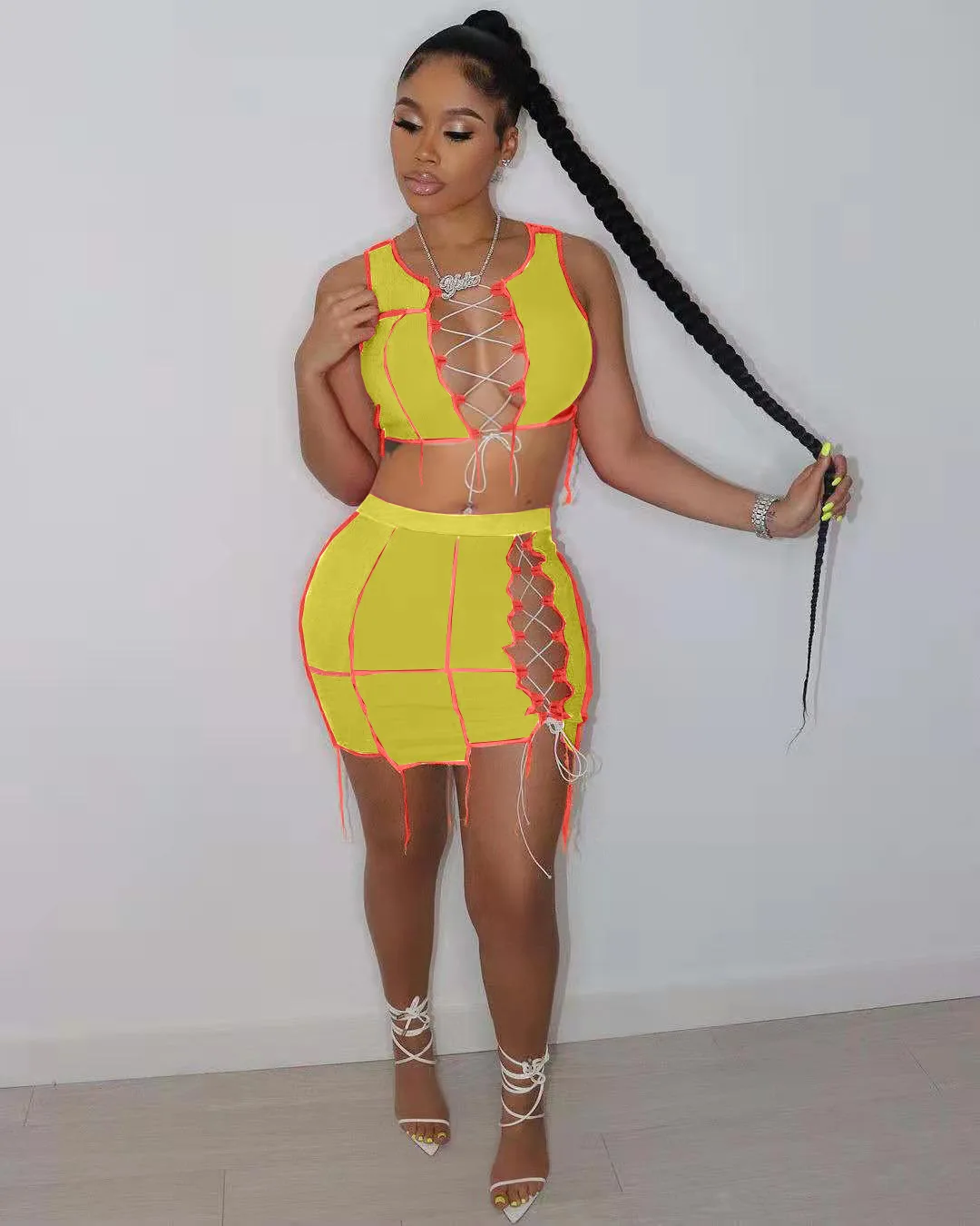 

Fast Shipping R05042 - sexy fashion women sleeveless strap crop top and skirt neon women two piece set clothing