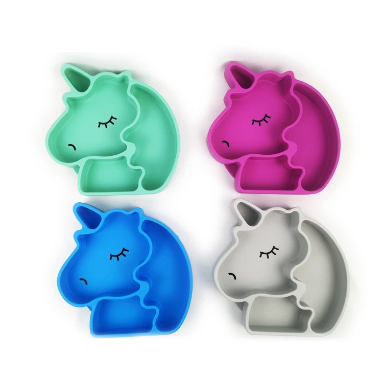

M134 Children Baby Food Separated Animal Snack Mat Dish Baby Microwave Dishwasher Food Grade Silicone Unicorn Kids Dessert Plate, Purple, blue, green, gray