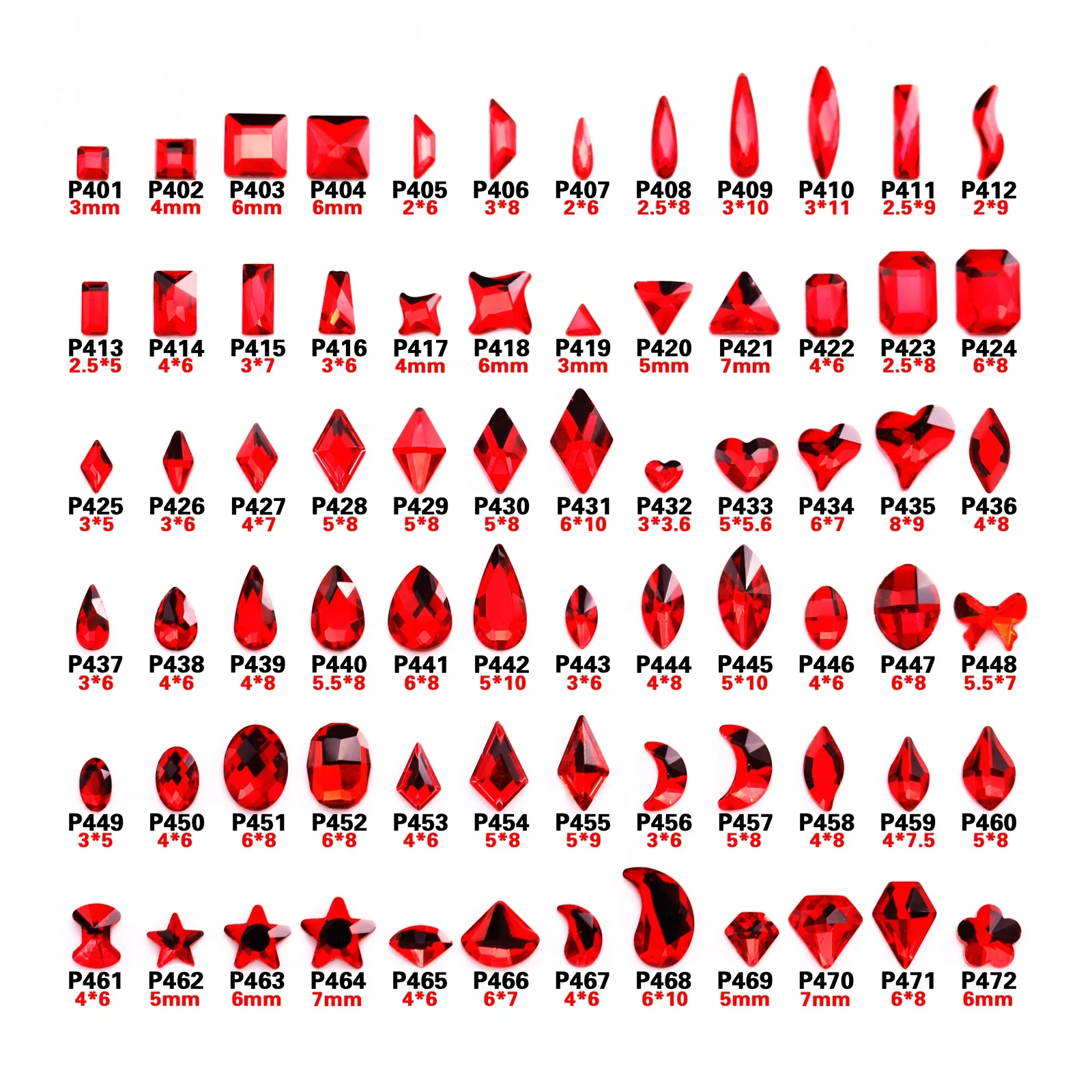 

Red Color 72 Designs 100pcs/bag/design Golden Base Shape Crystal Diamond Faces Decorative Nail Rhinestone Flat Back For Nails
