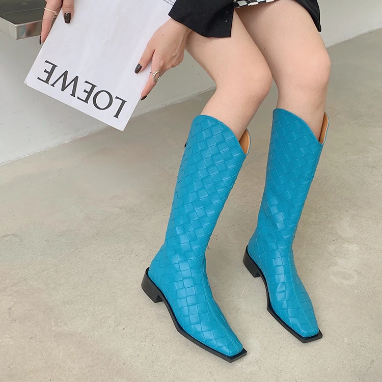 

Women Trending Shoes For Fall Winter Rhombus Plaid Square Toe Low Heel Mid Calf Boots, Gray,blue,black