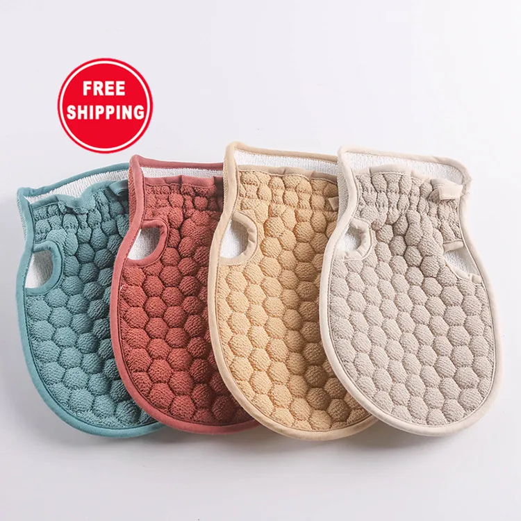 

Free shipping/dorp shipping Fingerless double-sided strong decontamination bath towel pure color honeycomb bath gloves