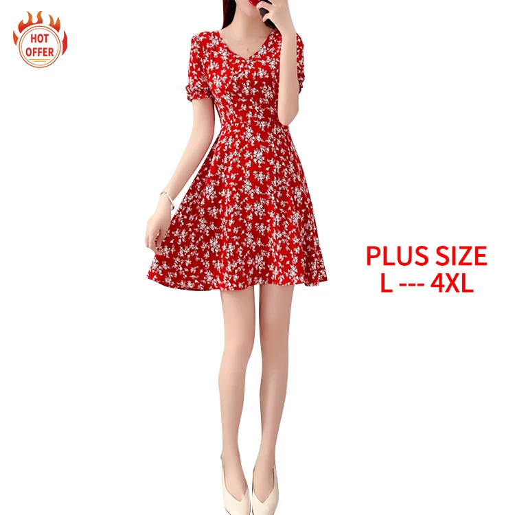 

Fashion V-Neck Short Sleeve Stylish Sexy Elegant Chiffon Floral Midi Woman's Summer Casual Plus Size Dress, Red blue