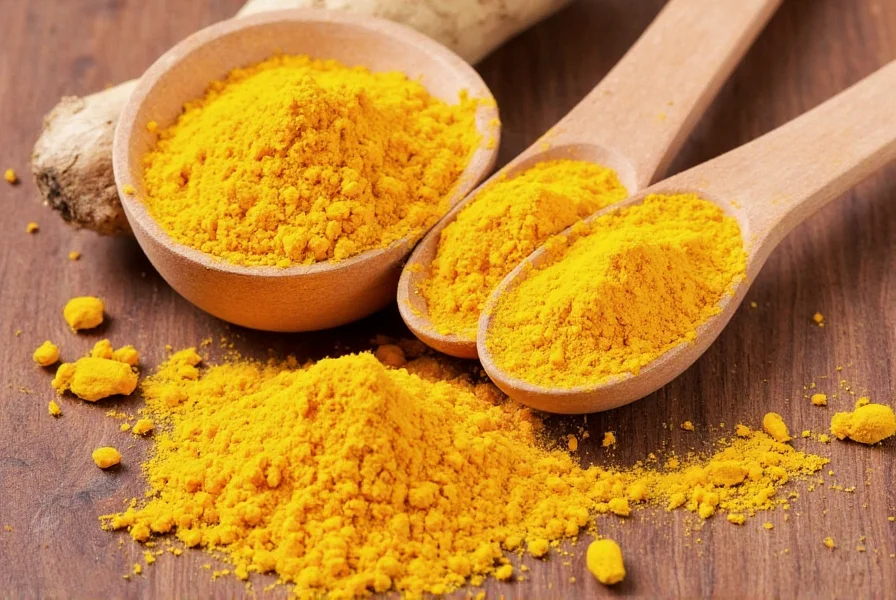Turmeric root and powder with measuring spoons showing proper dosage for health benefits