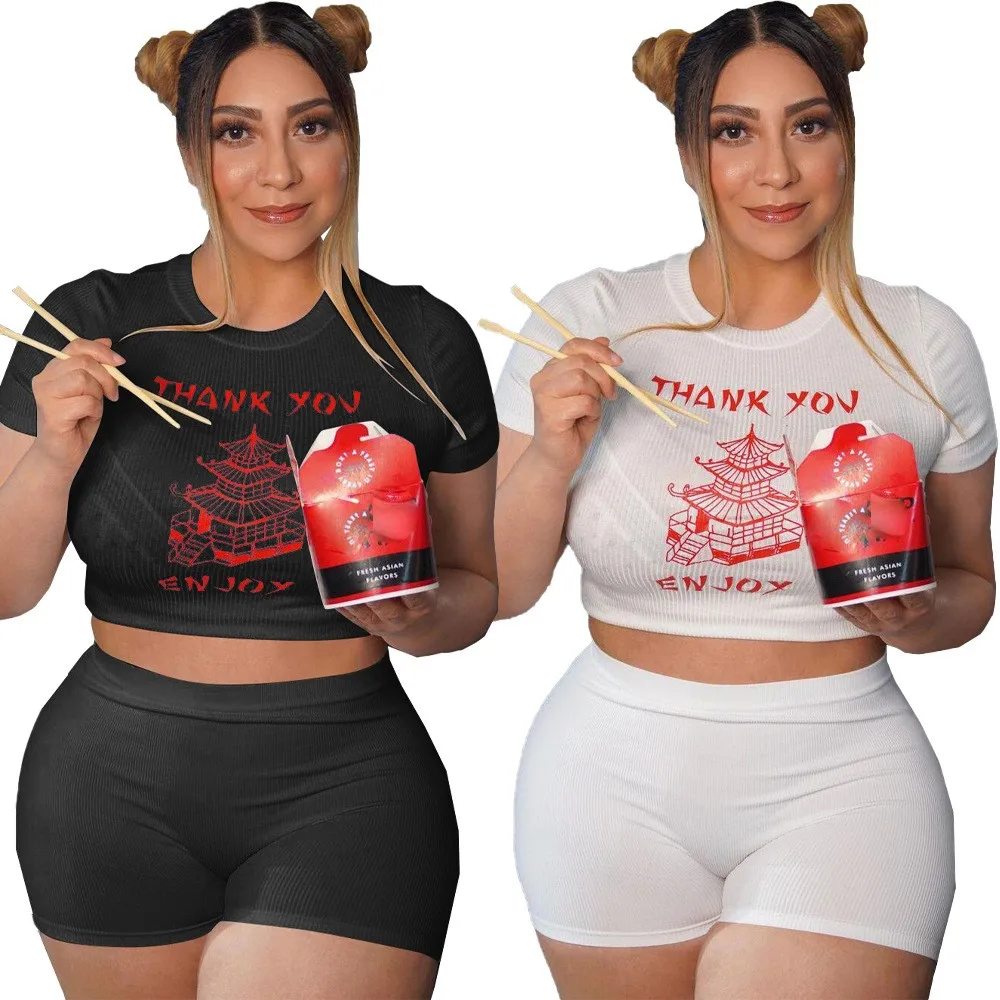 

2021 Summer Clothing Plus Size Short Sleeve Women Two Piece Crop Top And Pants Set 3xl 4xl 5xl Ladies 2 Pc Shorts Outfits Sets, White,black