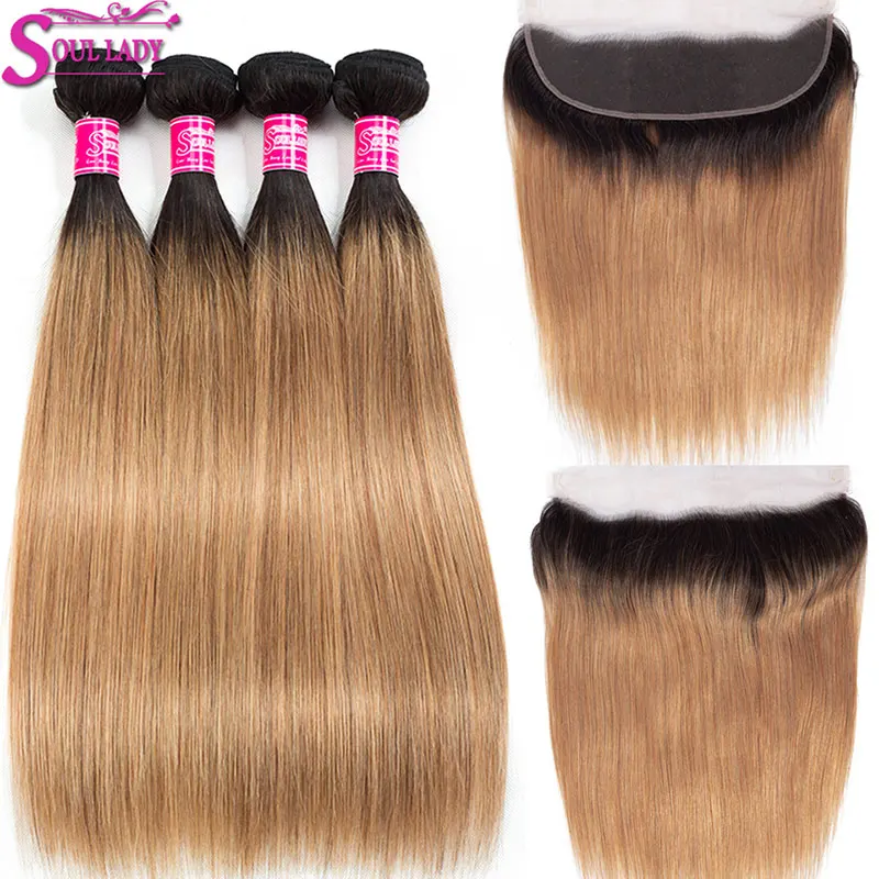 

Ombre Human Hair 4 Bundles With Frontal 1B/27 Two Tone Peruvian Hair Straight Ombre Blonde Bundles With Frontal Closure