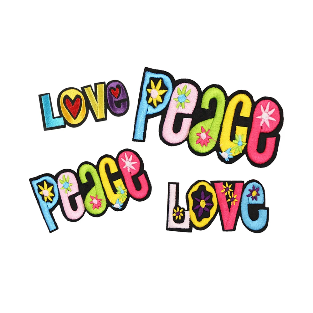 

ethnic style custom made colored peace love logo word embroidery patches for clothing handbag