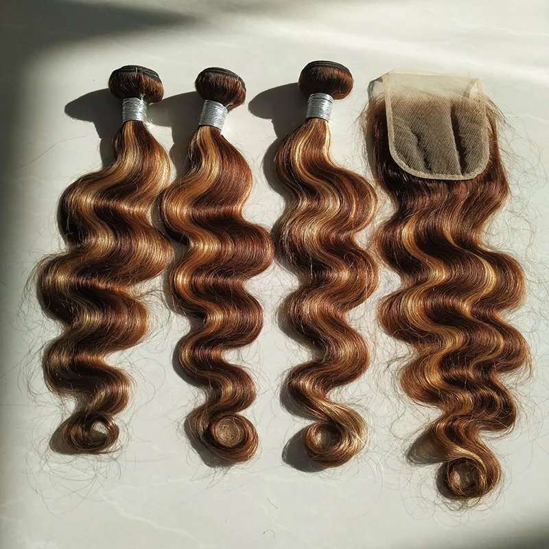 

Wholesale Honey Blonde Color Body Wave Hair Bundles Weaving Remy Hair 1/3 Closure Bundles Set 100% Indian Human Hair Extensions