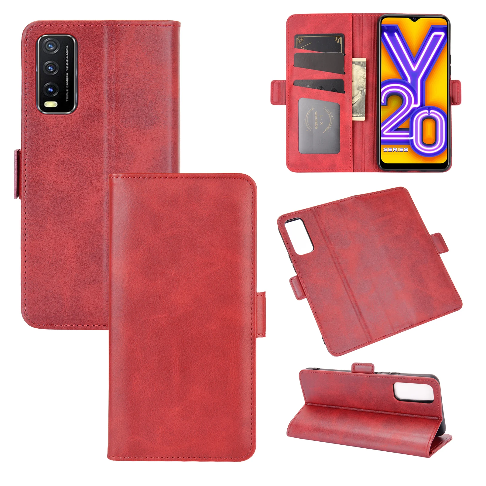 

For VIVO Y20 Phone Case Mobile Cover for VIVO Y20 Back Cover Stand Case And Card Holder Flip Phone Cover Leather Wallet Case Bag, Black, brown, red, blue, yellow