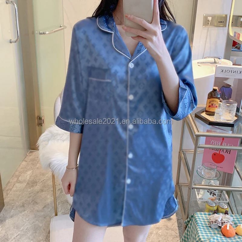 

2021 Latest Hot Selling Women Fashion Luxury Silk Printed Nighty Pajama Nightwear Half Sleeve Blouse Night Skirt Loungewear