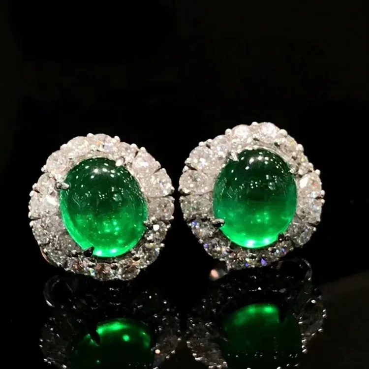 

SGARIT luxury gem earrings jewelry drop shipping jewellery 2ct Oval cut green emerald real diamond 18k white gold stud earring