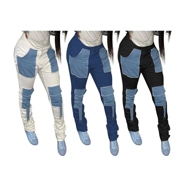 

Stacked Skinny Pleated Hem Blue Jeans For Women European and American real pocket stacking pants, As picture