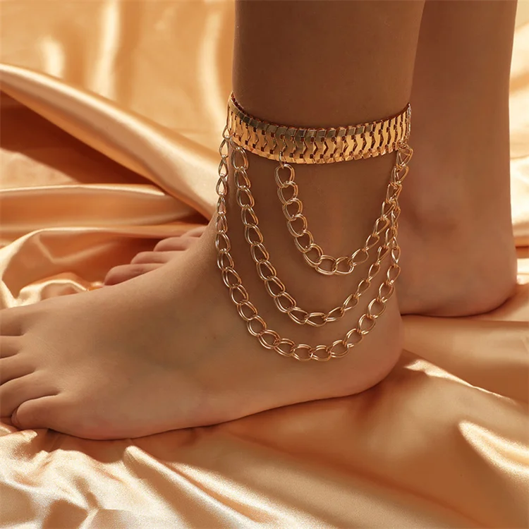 

Retro 2021 New Over-The-Top Hip Hop Punk Metal Tassel Anklet, Gold