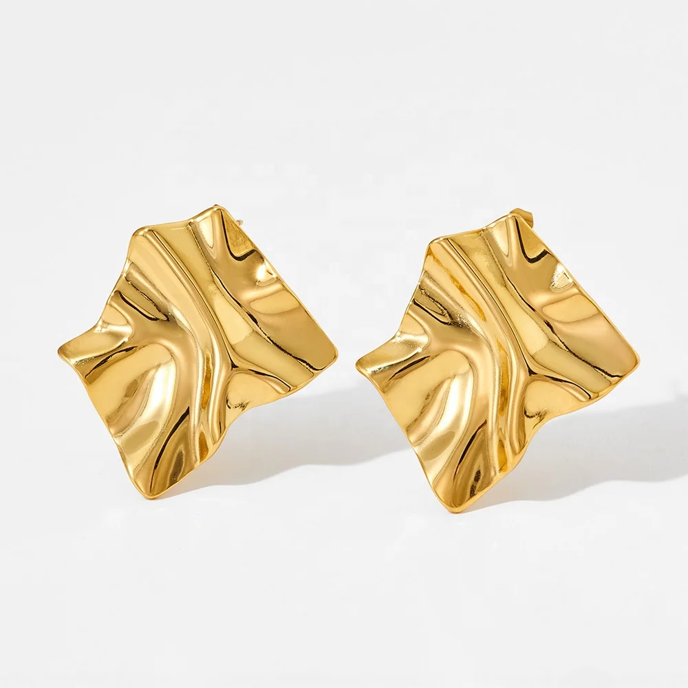 

Geometric Irregular Textured Molten Stud Earrings Gold Plated Non Tarnish Stainless Steel Crumple Statement Earrings