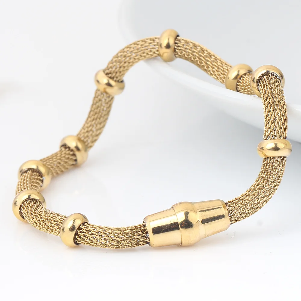 

Stainless steel 18k Gold Plated Beaded Magnetic Snap Bracelet Steel Mesh Bracelet Bangle for women