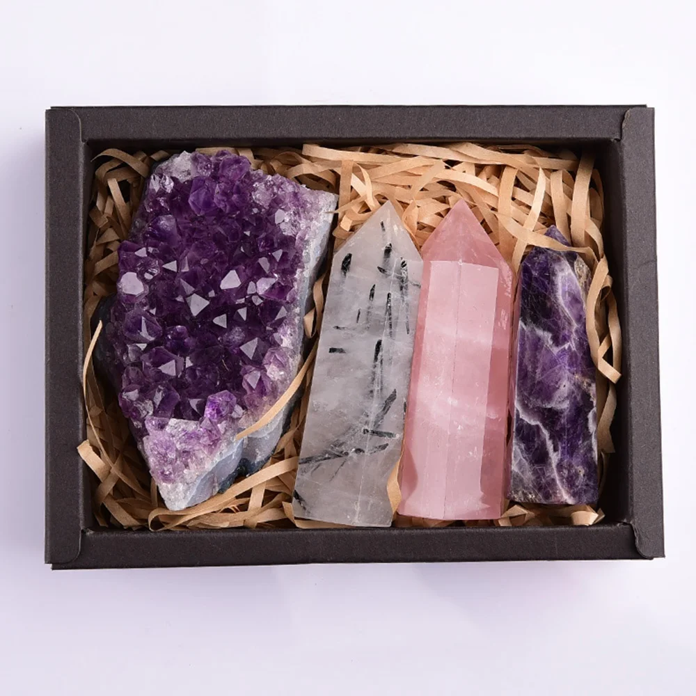 

High quality natural healing crystal black hair quartz rose quartz point Amethyst crystal Cluster crystal gift box set