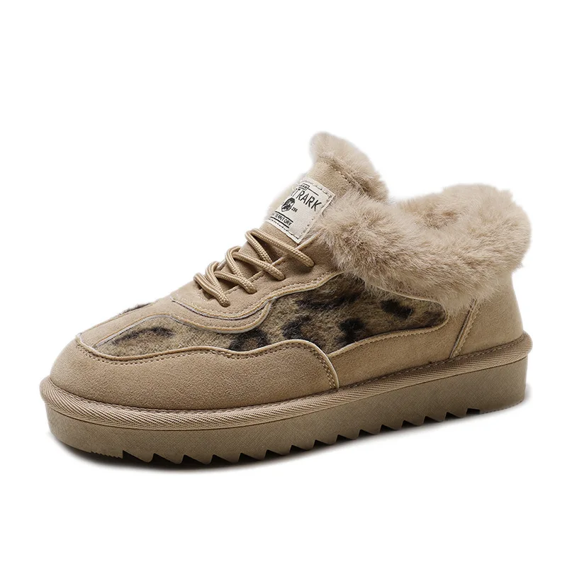 

Fur Boots For Women New Winter Round-toe Snow Boots Leopard Print Lace-up Short-tube Low-tube Beige Plus Velvet Cotton Boots