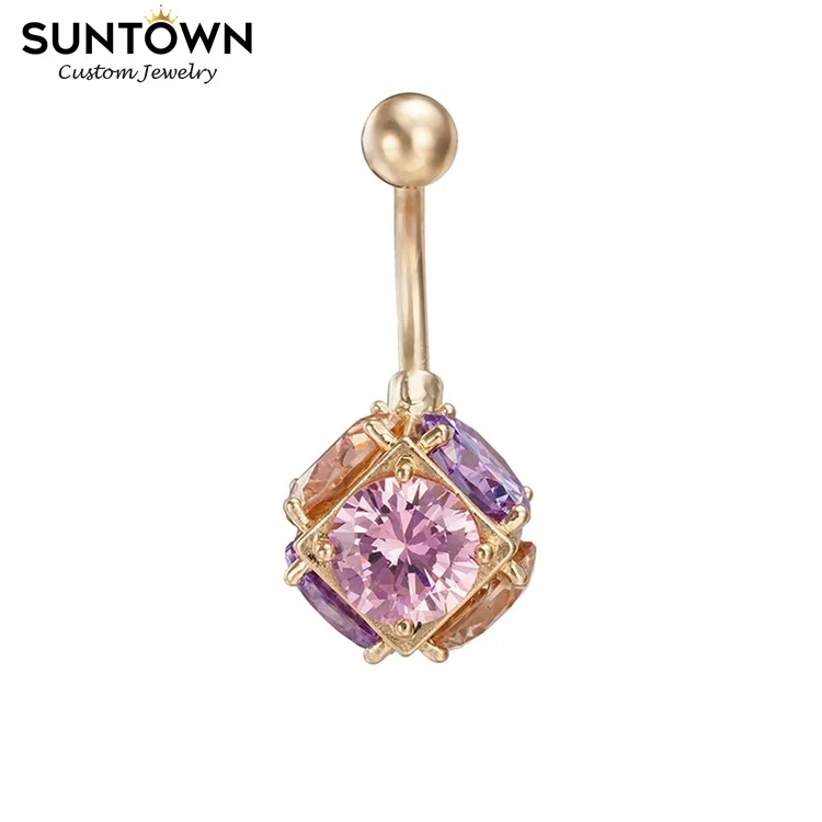 

Suntown Cubic Zircon Body Jewelry Belly Button Rings Piercing Square Crystal Navel Bars Stud Gold Color Piercings For Sexy Girls, Picture