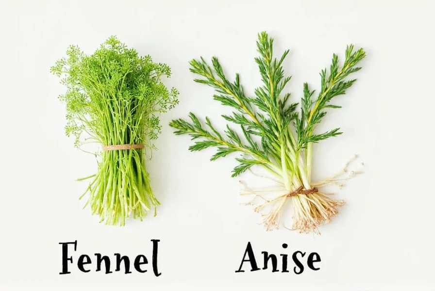 Fennel bulb and anise seeds arranged with measuring spoons showing substitution ratios