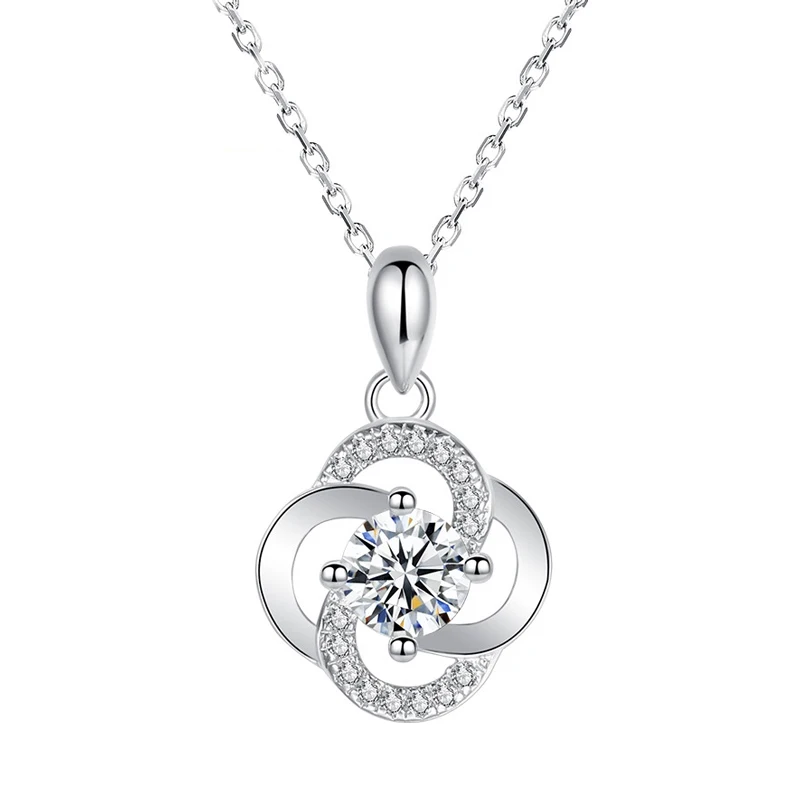 

Precious Platinum 925 Sterling Silver Flower Pave Diamond Claw Setting 4 Leaf Clover Charm Pendant Necklace for Mother Day, White gold
