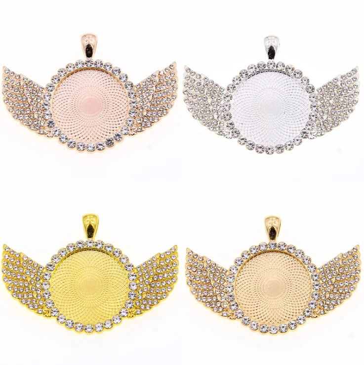 Silver/Gold Double Wing Hiphop White Rhinestone Round Blank Pendant Charm Finding  Cabochon Cameo Base Setting Tray Bezel