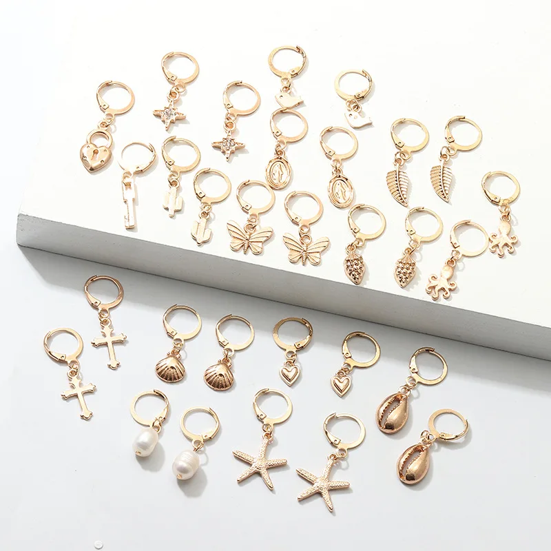 

New Tiny Hoop Earrings For Women Girl Gold Cartilage Hoop Earrings Jewelry Heart Cross Star Triangle Charm Earrings
