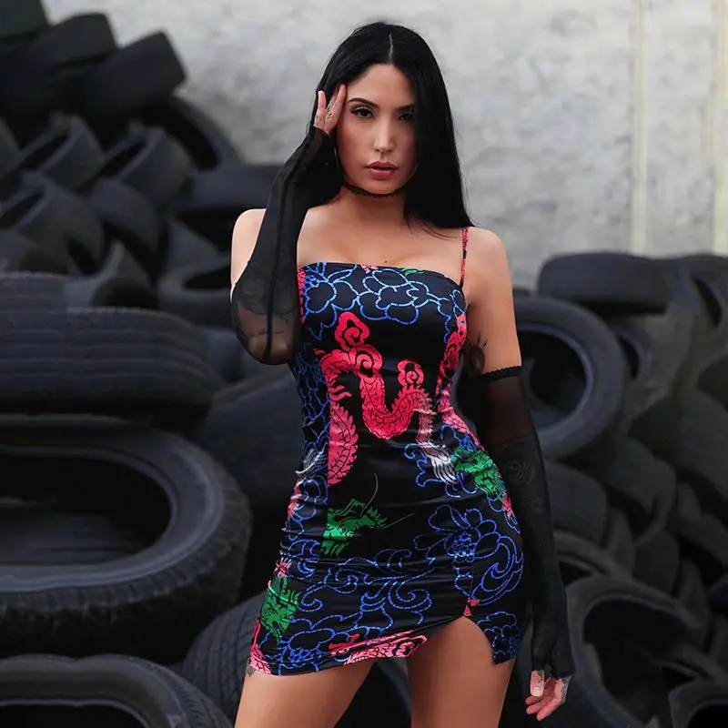 

2020 sleeveless print sexy slit slip mini dress summer women fashion streetwear outfits club sundress