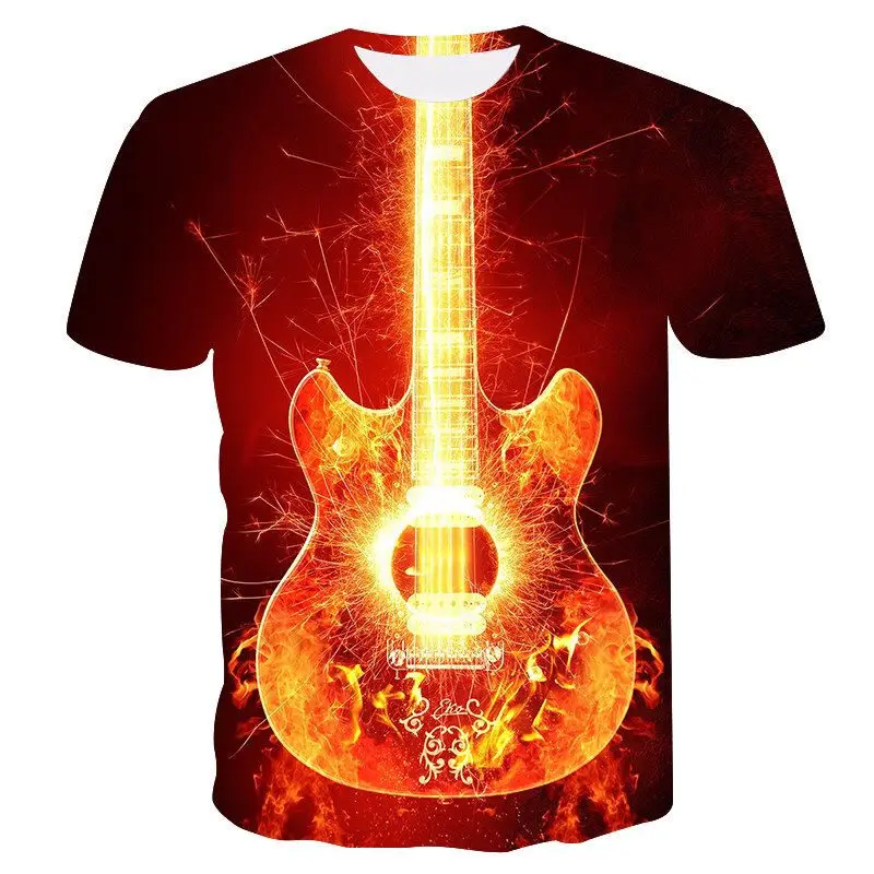 

QY 2020 guitar t-shirt casual metal shirt print goth anime clothes short sleeve t-shirt flame men's music t-shirt, Shwon