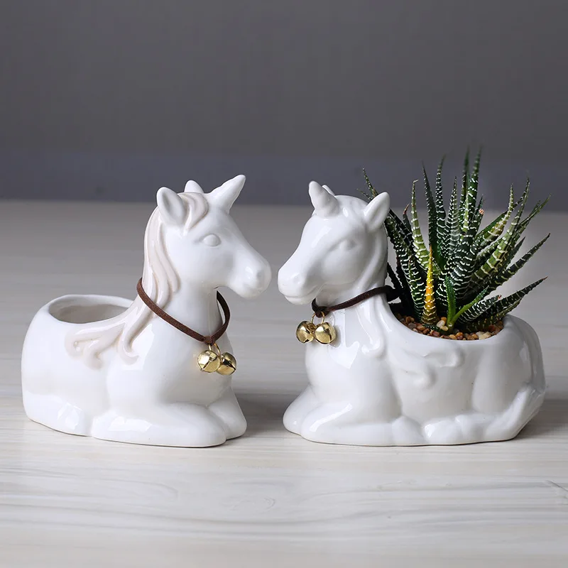 

Wholesale Cute Unicorn Succulent Plants Ceramic Pots White Porcelain Horse Flower Pot Table Decoration Planter Container Gift, Customized color