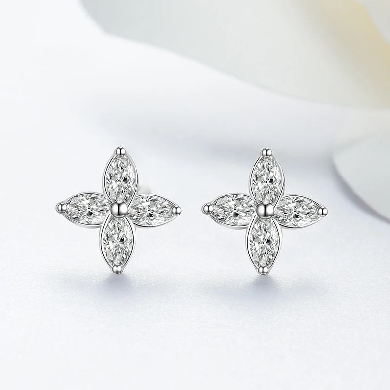 

VANA Simple Silver White Gold Four-Leaf Stud Earrings Women Fine Jewelry