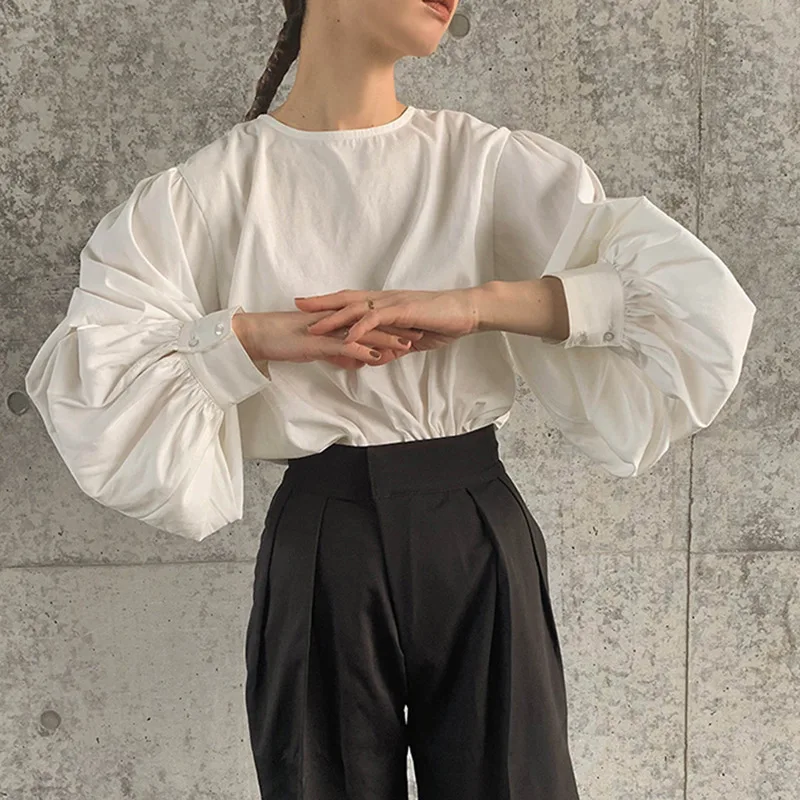 Boutique Wholesale 2026 Autumn New Fashionable Round Neck Korean Version Lantern Sleeves Pure Cotton Women's Shirt