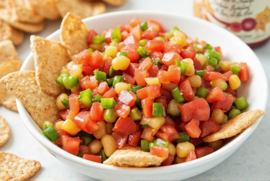 Freshly prepared fruit salsa with vibrant mango, pineapple, and strawberries served alongside golden cinnamon-dusted tortilla chips on a rustic wooden table