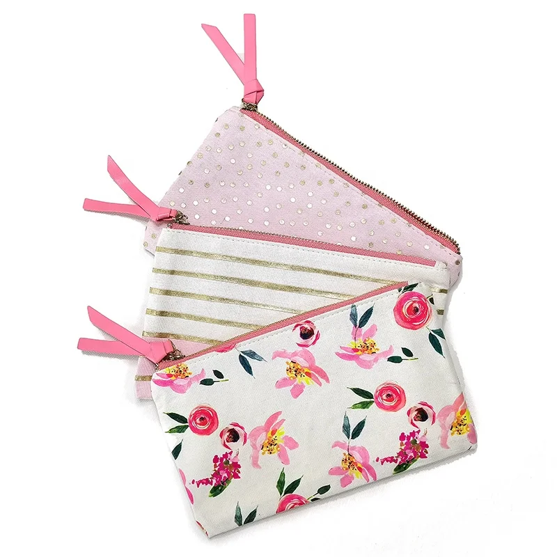 

Custom Logo Bulk Eco Friendly Travel Portable Small Pink Beautiful Flower Makeup Cotton Canvas Cosmetic Bag, White