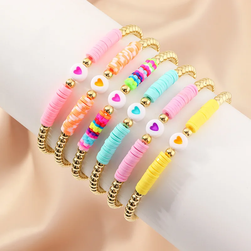 

Bohemian fashion color soft pottery clay heart alloy beaded bracelet for woman kids summer jewelry gift