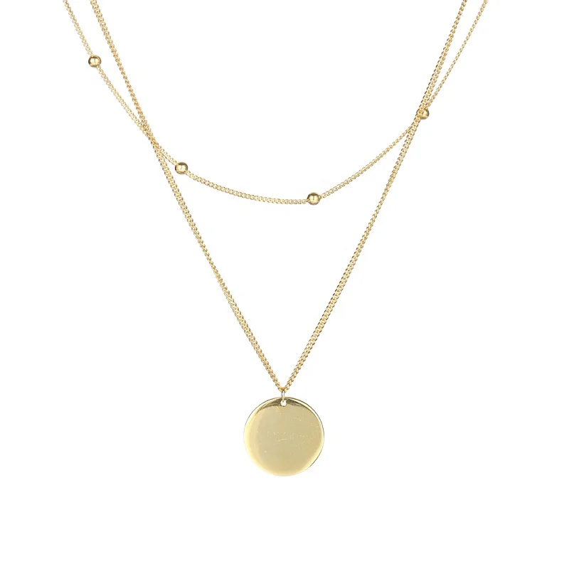 

A1371 18K Plated Coin Necklace 925 Silver Round Medallion Double Layered Necklace For Women