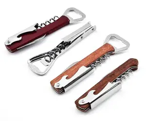Image of Wood Handle Stainless Steel Hand-Held Deluxe Bottle Opener Corkscrew Double Hinge Waiters Wine Bottle Opener