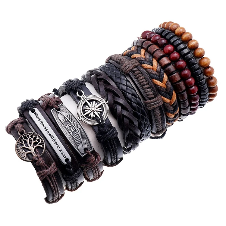 

Punk Style Charm Life Tree Leaf Compass Handmade Adjustable Braided Wax Rope Mens Wrap Genuine Leather Bracelet Set Jewelry