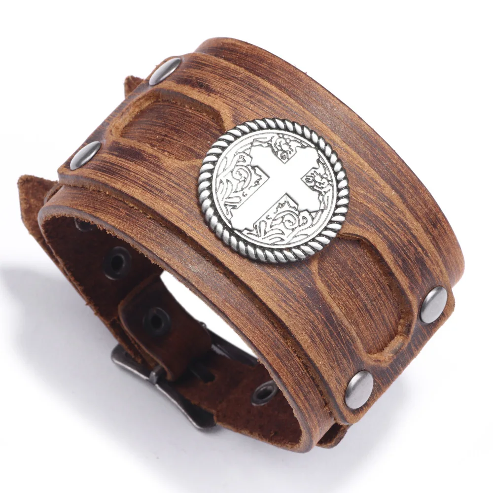 

Punk Cowhide Bracelet Cross Wide Leather Bracelet Wristband Men's Leather Bracelet Wholesale(KB8449), As picture