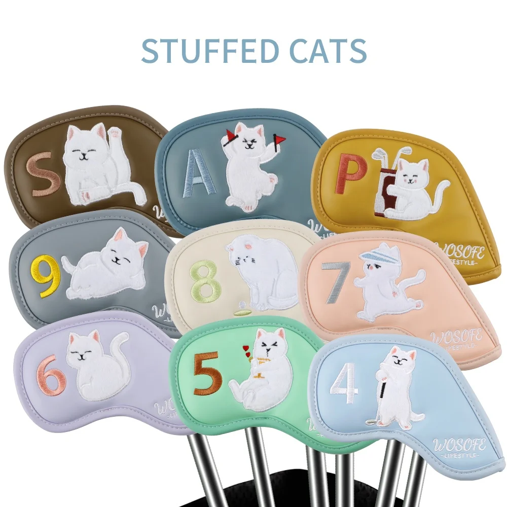 

Ready to Ship Golf Iron Headcover 9pcs/set Cute Plush Embroidery logo Colorful Cute Cat Pattern