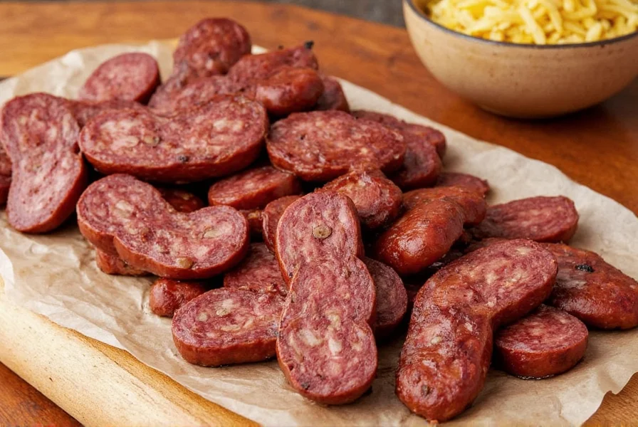 Platter of sliced andouille sausages with mustard and pickles