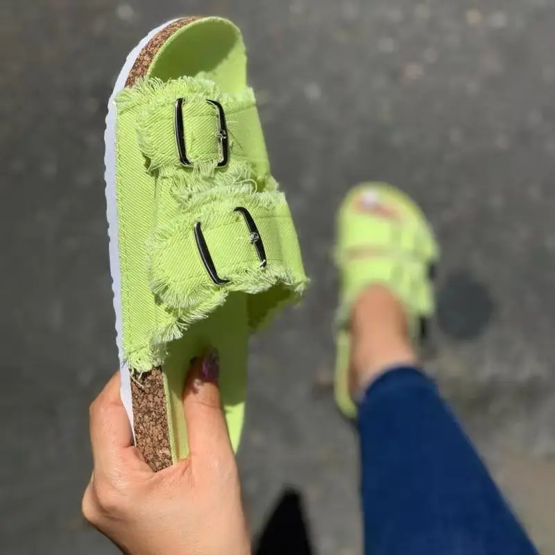 

2021 summer unique new product European and American casual solid color canvas buckle two-word flat slippers, 5 colors