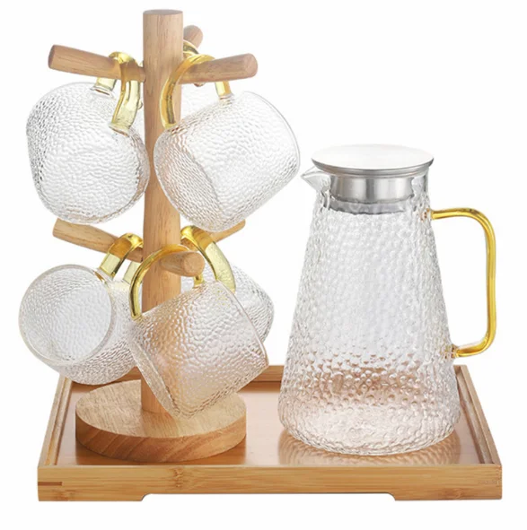 

Hot Selling Wholesale Honeycomb shaped Glass Jug Sets with Bamboo Stand and Tray, Clear