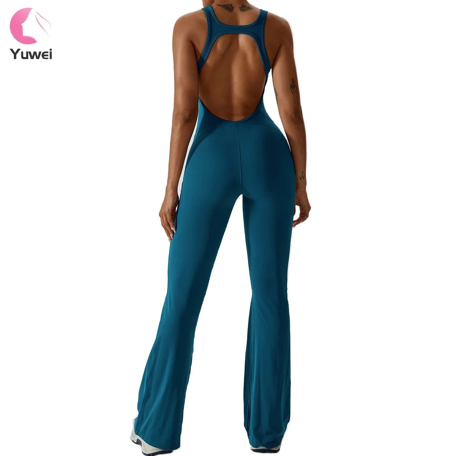 Flare Jumpsuits for Women Straps Scoop Neck Bodycon Full Length Casual Unitard Playsuit Yoga Jumpsuit