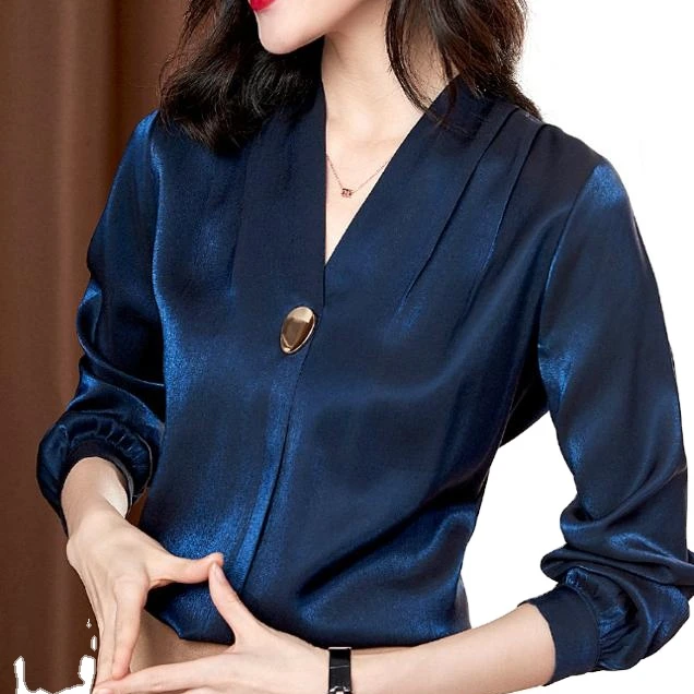 

Elegant V Neck Long Sleeve Women Tops 2020 Blouse Solid Color Satin Formal Blouses Casual Blouse For Women Tops, Blue,yellow
