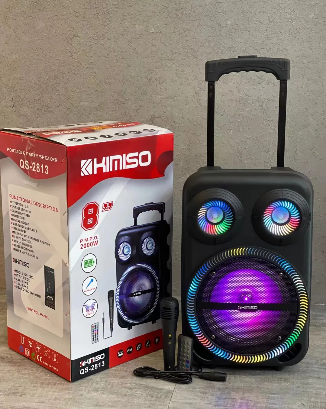 

QS-2813 Speakers KIMISO 8inch Small Rrolley Speaker With Colorful Lights