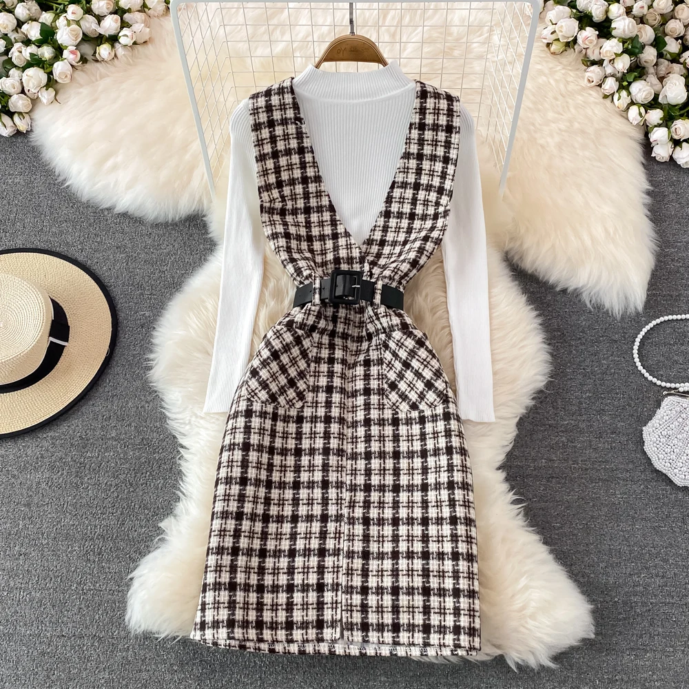 

Fashion New Tweed Plaid Dress Long Sleeve Knit Top Two Piece Set